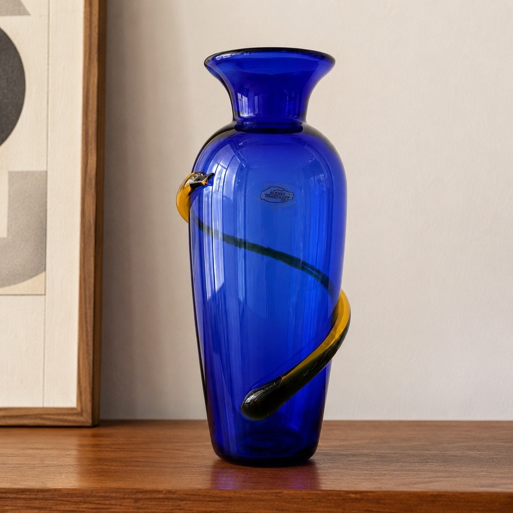 Blenko 9907L Cobalt Blue Art Glass Vase Topaz Applied Spiral Handcrafted USA